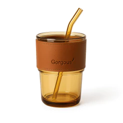Copo de Vidro com Canudo Marrom Com Canudo 400ml Coldre Couro Decoração Café Chá Capuccino Caneca