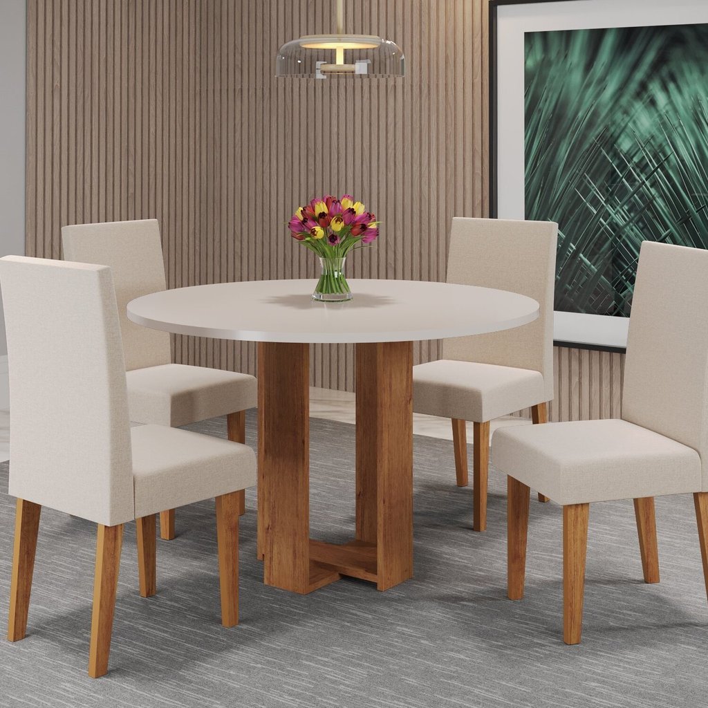 Mesa de Jantar Chiara Redonda 90x90cm com 4 Cadeiras Venus Mel/Off White em Oferta na Shopee