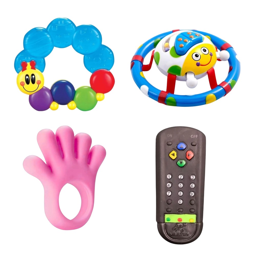 Kit Chocalho Interativo Joaninha C/ Som e Espelho + Mordedores De Lagarta, Pé ou Mão E Controle Remoto Bebê Sensorial