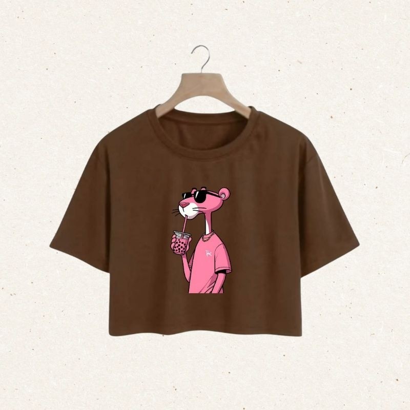 Cropped Blusa Feminina Estampada Pantera Rosa Algodão Manga Curta Básica Confortável Gola Redonda