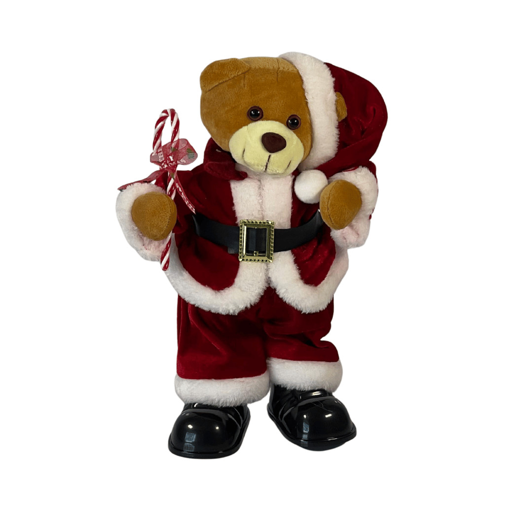 Urso de Natal em Movimento Marrom c/ Roupa Vermelho 34cm