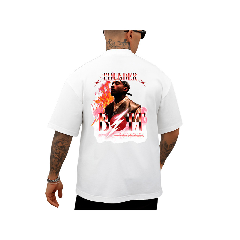 Camiseta Oversized estampada  Branca Confortável Algodão Modelo: "Thunder Bolt" Academia