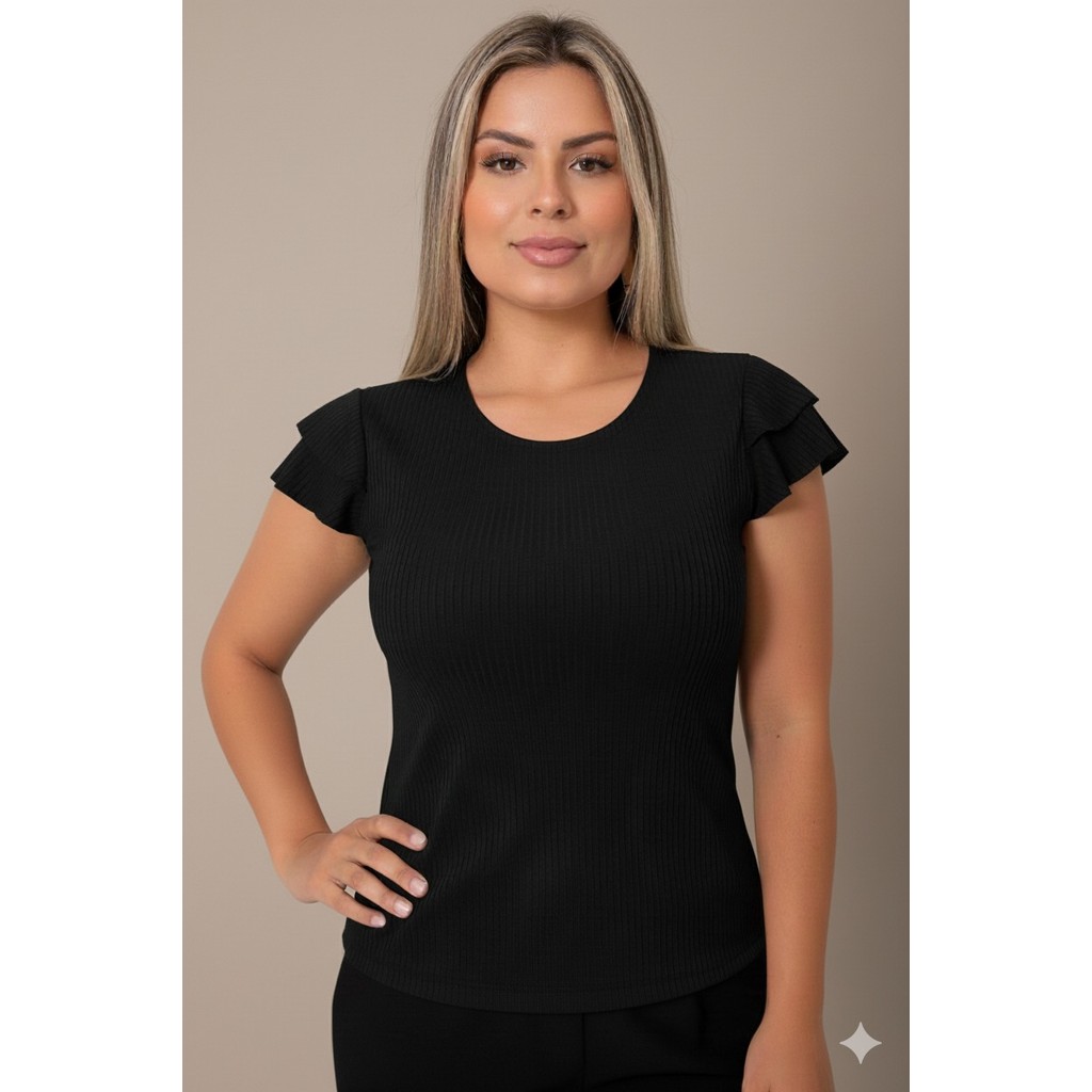 blusa blusinha moda feminina canelada manga curta duas marias babado tendência
