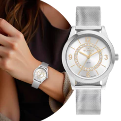 Relógio Feminino Prata com Caixa e Pulseira de Aço Inoxidável à Prova D' Água Luxo Elegante Fashion Technos Original
