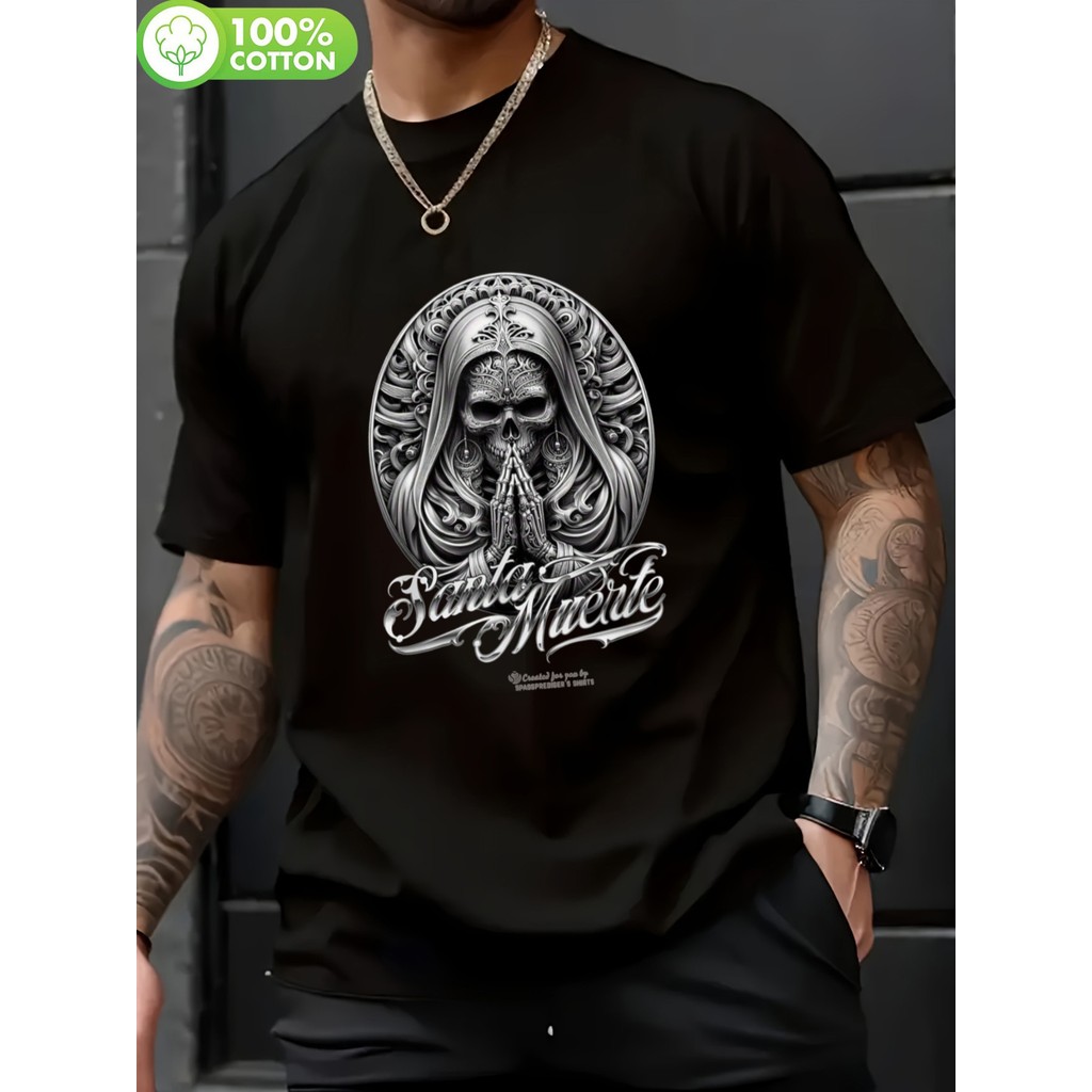 2026 Camiseta Oversize Masculina Feminina Santa Muerte Caveira Sagrada Mexicana Intrincado Estampada