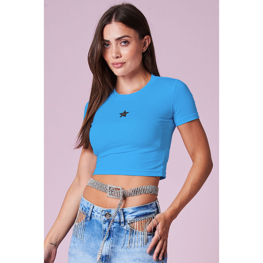 Cropped Feminino Slik de Estrela Planet Girls Azul Médio em Oferta na Shopee