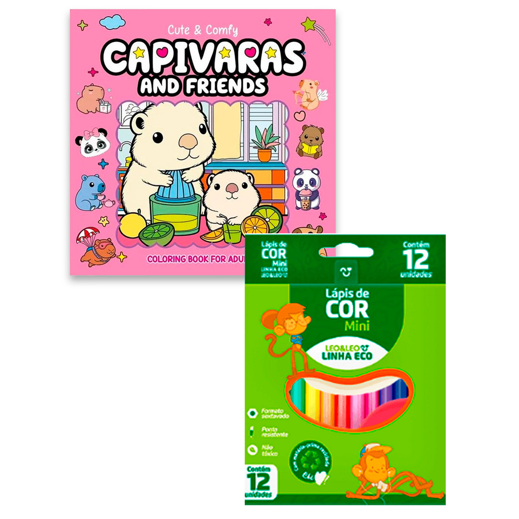 Kit Livro Colorir Capivara Cute & Comfy + 12 Lápis Cor Mini