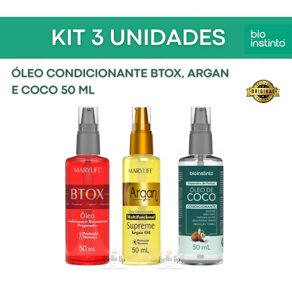3 Óleos - Supreme argan 50ml Mary Life + Óleo Btox 50ml Mary Life + Óleo de Coco 50ml Bio Instinto