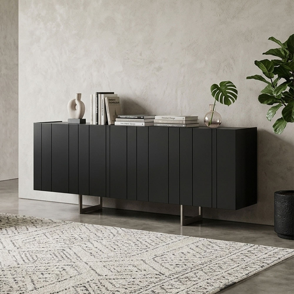 Aparador Buffet Para Sala de Jantar 4 Portas 180cm Pés Industrial Alina N01 Preto Champanhe - Lyam Decor