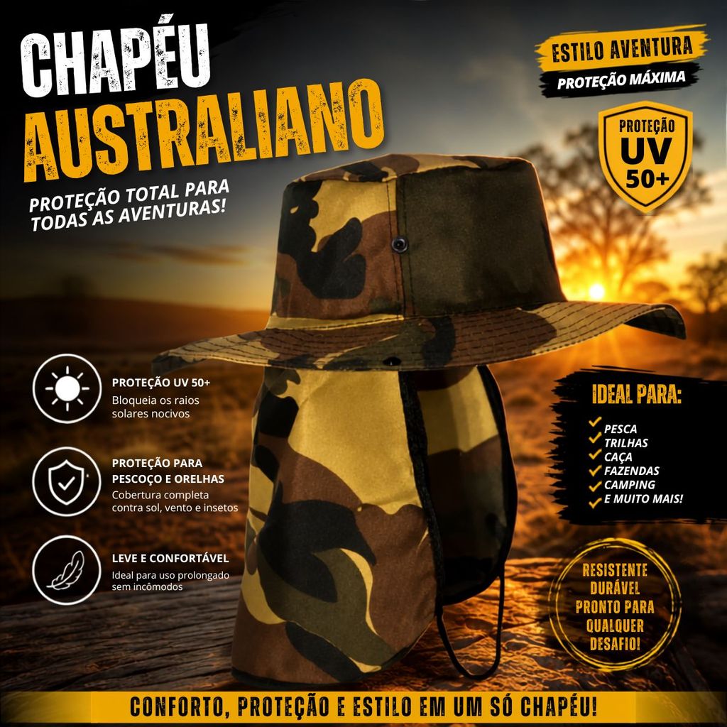 Chapéu Australiano Leve com Proteção UV para Esportes ao Ar Livre Trabalho e Lazer