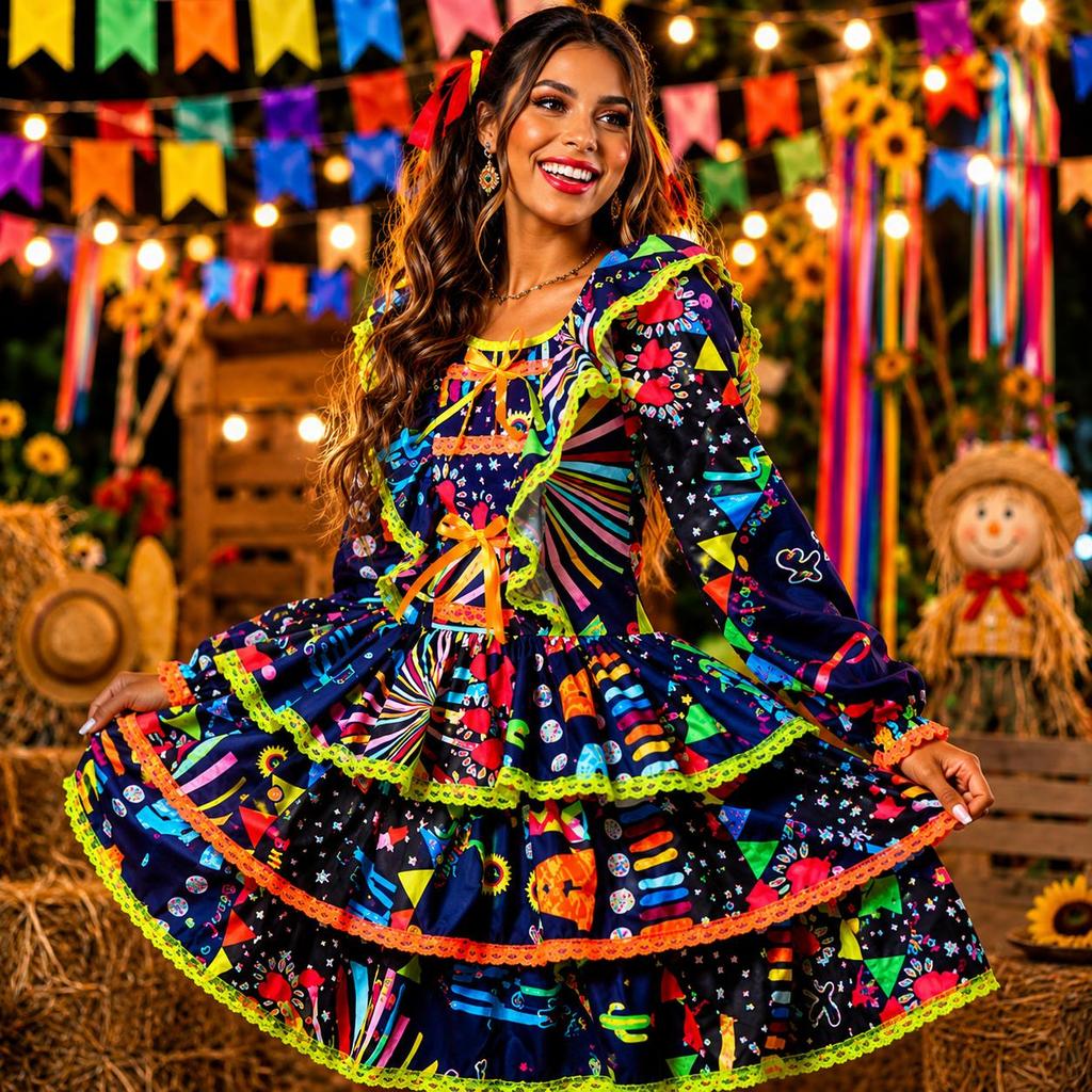 vestido festa junina luxo adulto feminino manga longa moderno com babados