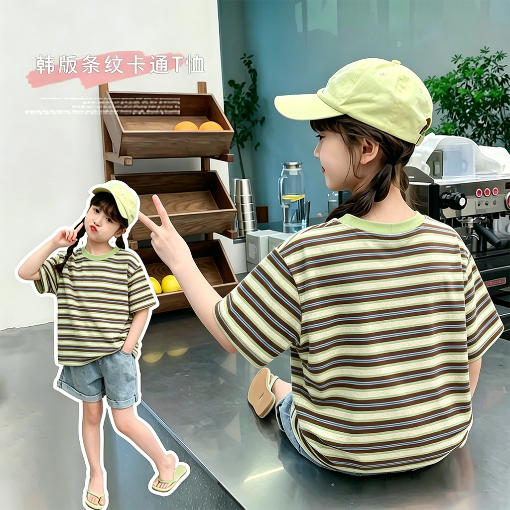Meninas verão versão coreana listrado de manga curta camiseta crianças 2026 novo estilo menina bebê moda solta em torno 