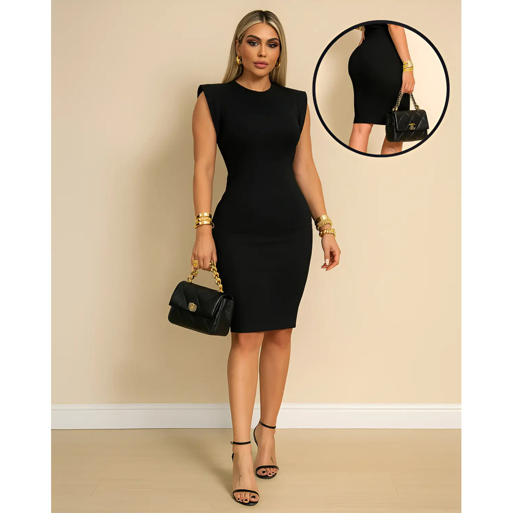 Vestido Feminino Midi Canelado Premium Sem Manga Muscle Tubinho Justo Elegante Confortável  Casual Social Trabalho Festa