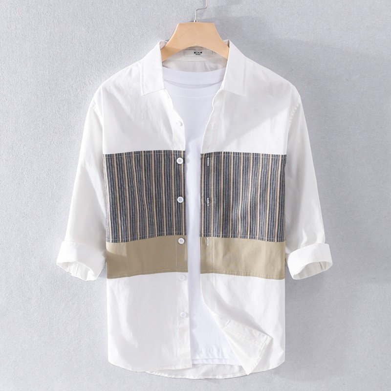 Versão Hong Kong Verão Camisa de Algodão de Manga Comprida Vestido de Verão Masculino Costura Gola Pontuda Casual Juvent