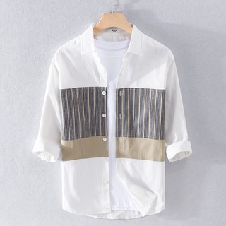 Versão Hong Kong Verão Camisa de Algodão de Manga Comprida Vestido de Verão Masculino Costura Gola Pontuda Casual Juvent