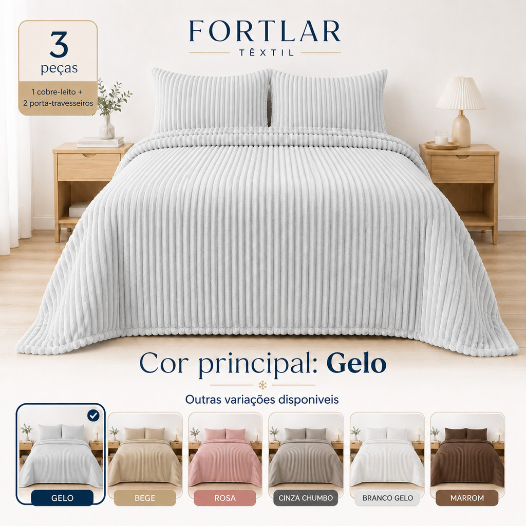 Kit Cobertor Manta Cobre Leito 3Pçs Casal Queen 2,60m x 2,50m Solteiro Canelada 2 Porta Travesseiro