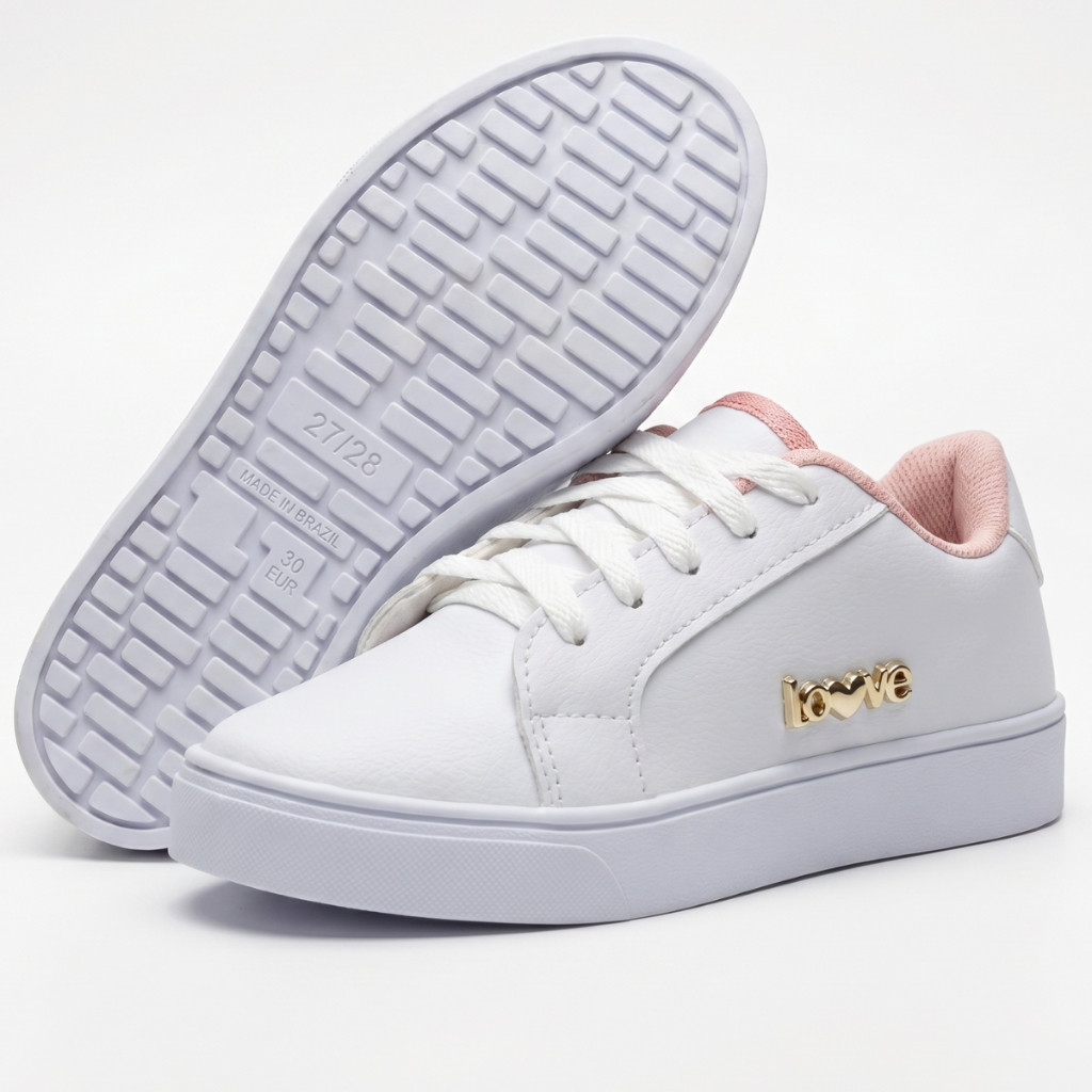 Tênis Infantil Menina Branco Preto Rosa Com Cadarço E Design Delicado Moda Infantil — imagem 2 de 2