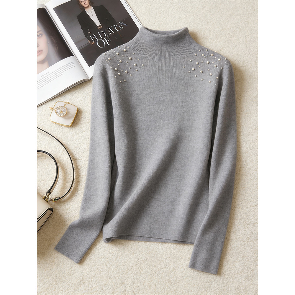Luz de luxo Design simples strass pérola frisado camisola feminina 2026 primavera gola alta magro-ajuste mais magro olha