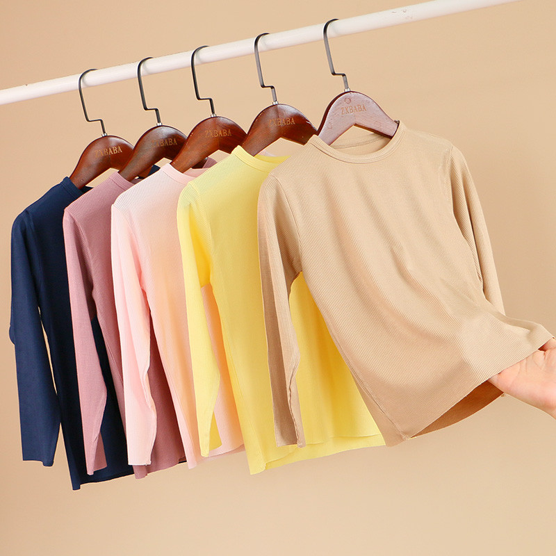 Crianças rosqueada Modal fino manga comprida camiseta primavera outono roupas meninos meninas em torno do pescoço camisa