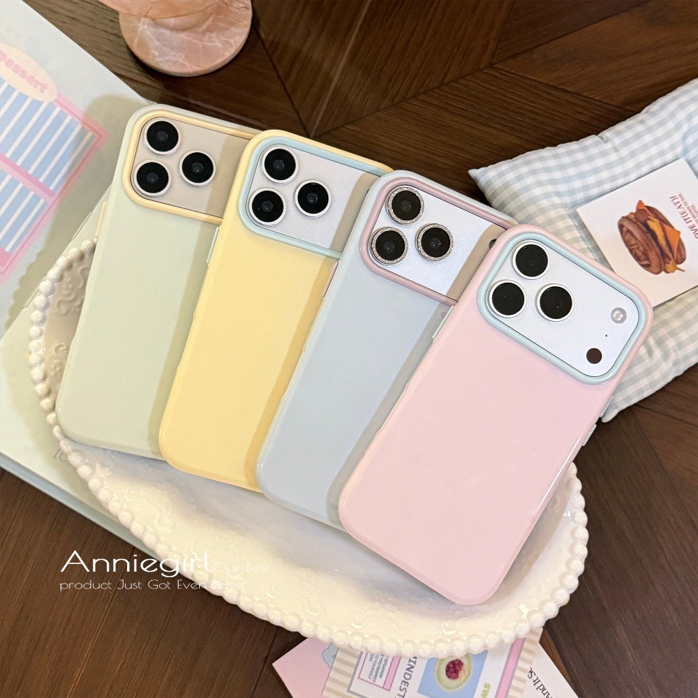 Kawaii Pastel Macaron Capa De Telefone De Cor Sólida Brilhante Para IPhone 17 Pro Max 16 15 14 13 12 Moldura De Lente De