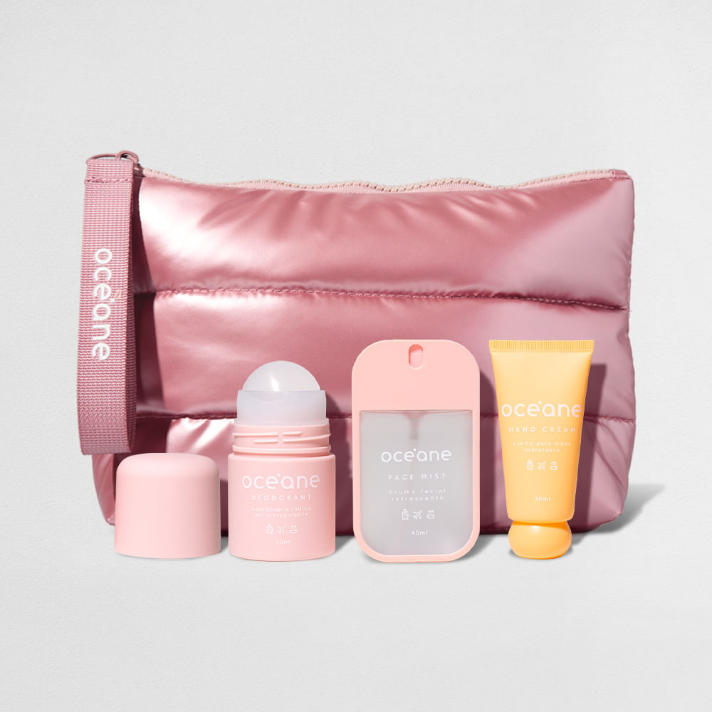 Kit Nécessaire Puffer + Desodorante + Creme para Mãos + Bruma Facial Travel (4 Produtos)