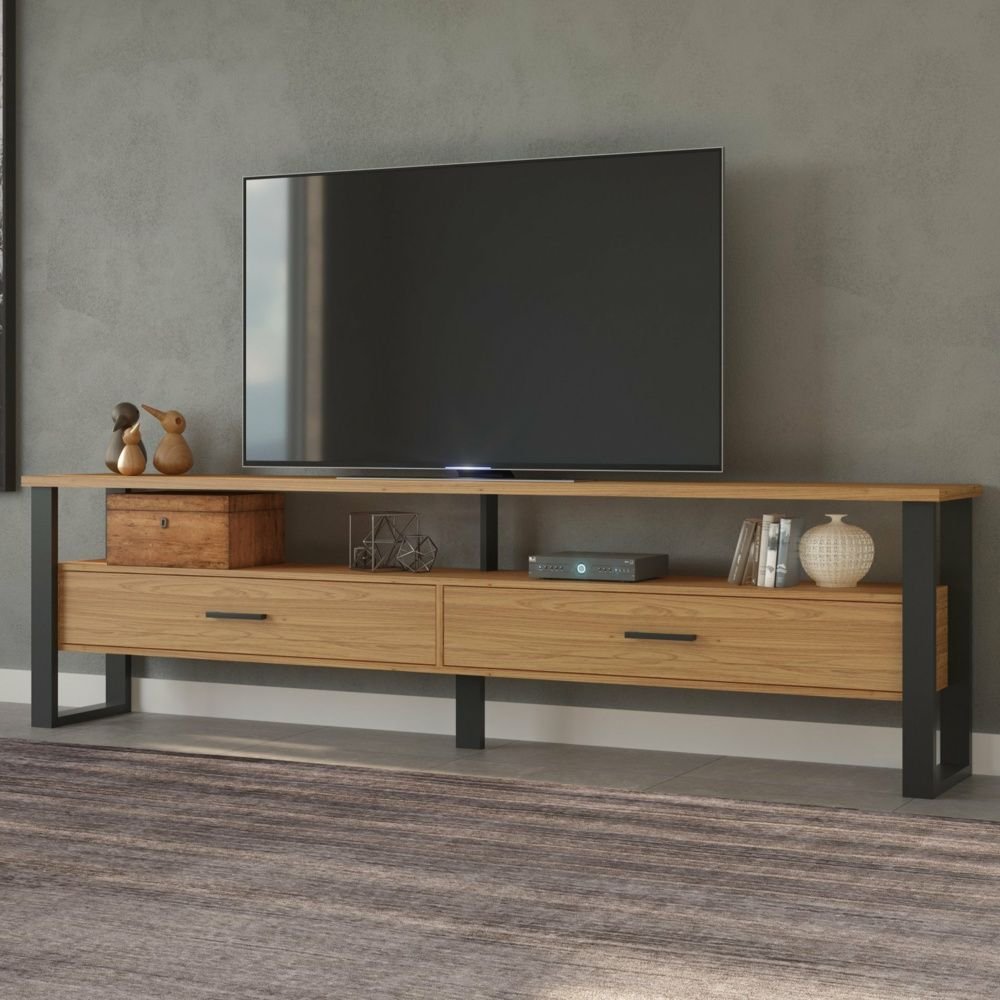 Rack para TV até 60 Polegadas MDF 220cm Prateleiras e 2 Gavetas Marrom Freijó/Preto