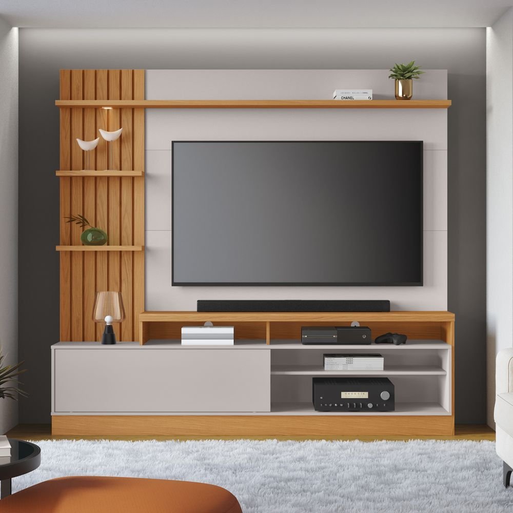 Estante para TV e Home Theater Ripado para TV até 65 Polegadas com LED 200CMX185,3cm LED Tvs 1 Porta 4 Nichos Freijó