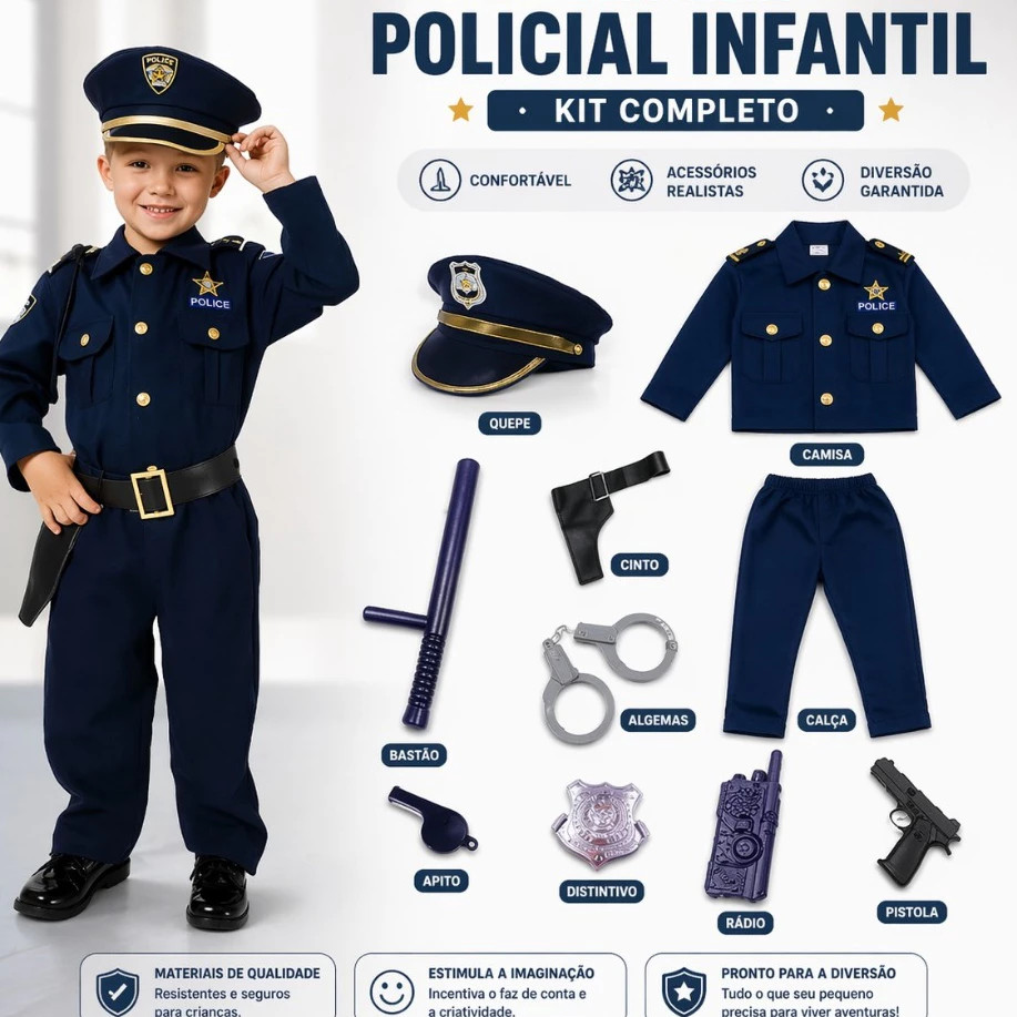 Fantasia Uniforme de polícia para crianças 8 pçs de dramatização+Acessórios/90-130 CM