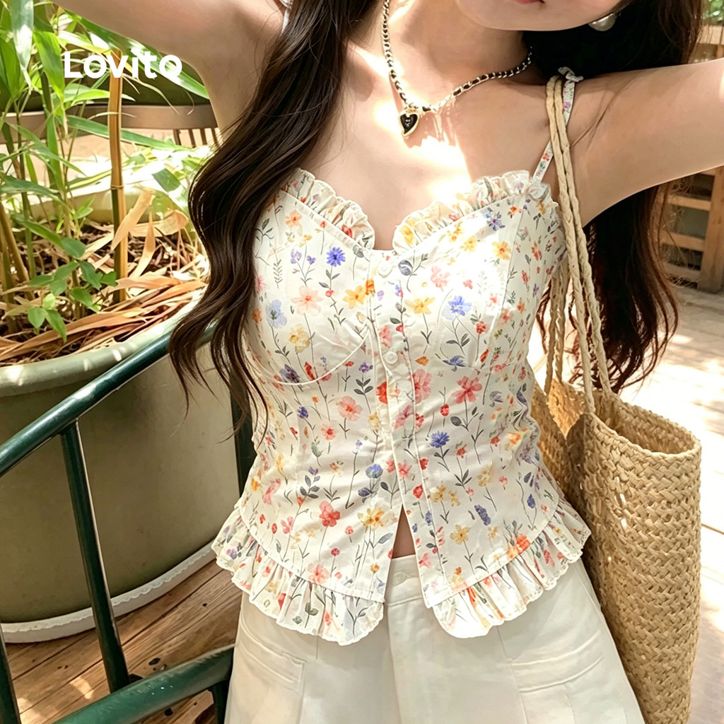 Lovito Top Boho com Padrão e Borda de Folhas com Botão para Primavera/verão Feminino TKB200TD242 — imagem 2 de 2