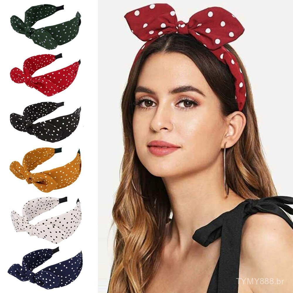 Acessórios de Cabelo Vintage com Estampa de Bolinhas Faixa de Cabelo Nó Laço Longo Faixa de Cabelo Moda Acessórios de Ca
