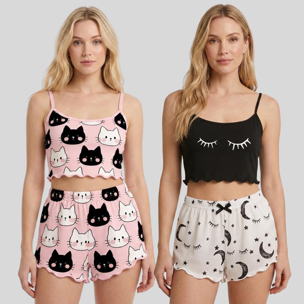 Kit 2 Baby Doll Feminino Estampado Para Dormir Conforto Fresquinho Conjunto Pijama Adulto Leve
