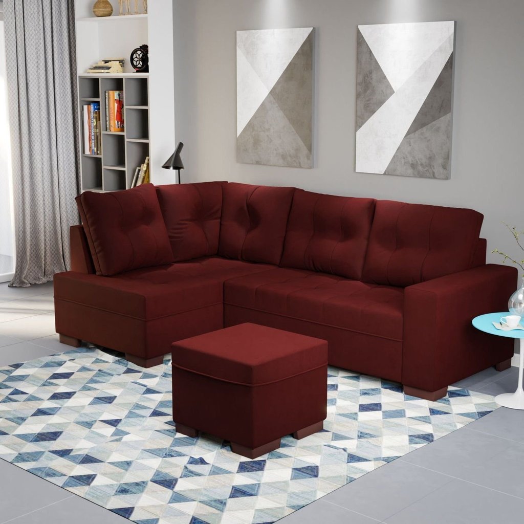 Sofá de Canto com Puff 7 Lugares 238cm Gávea Vermelho Vermelho