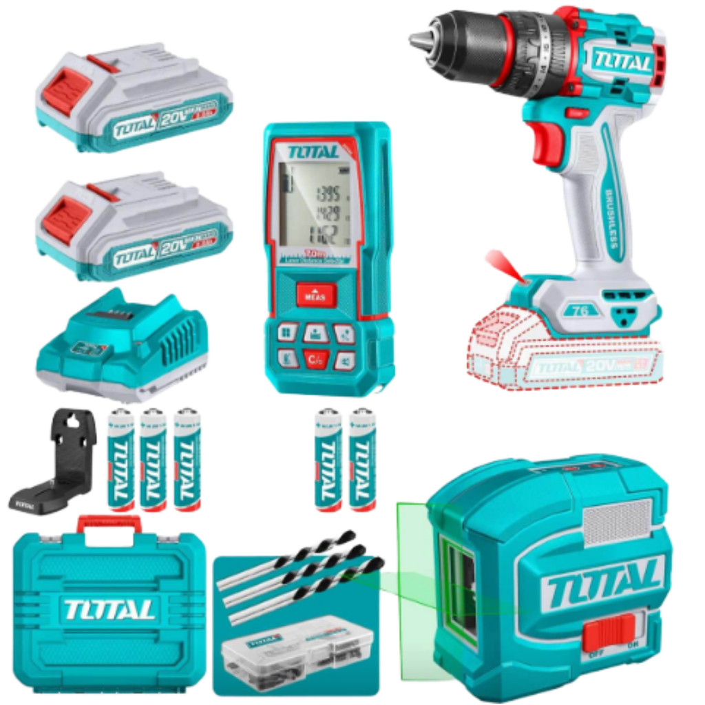Kit TOTAL Parafusadeira 20V+ Nível Laser + Trena Digital 70m