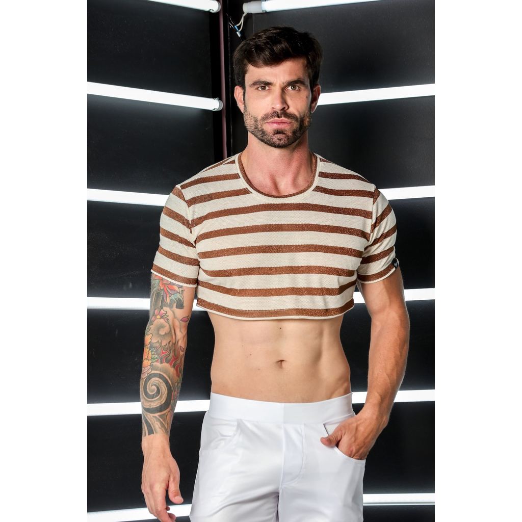 Cropped Masculino em Malha Listras Moda Masculina Casual Festa Estilo