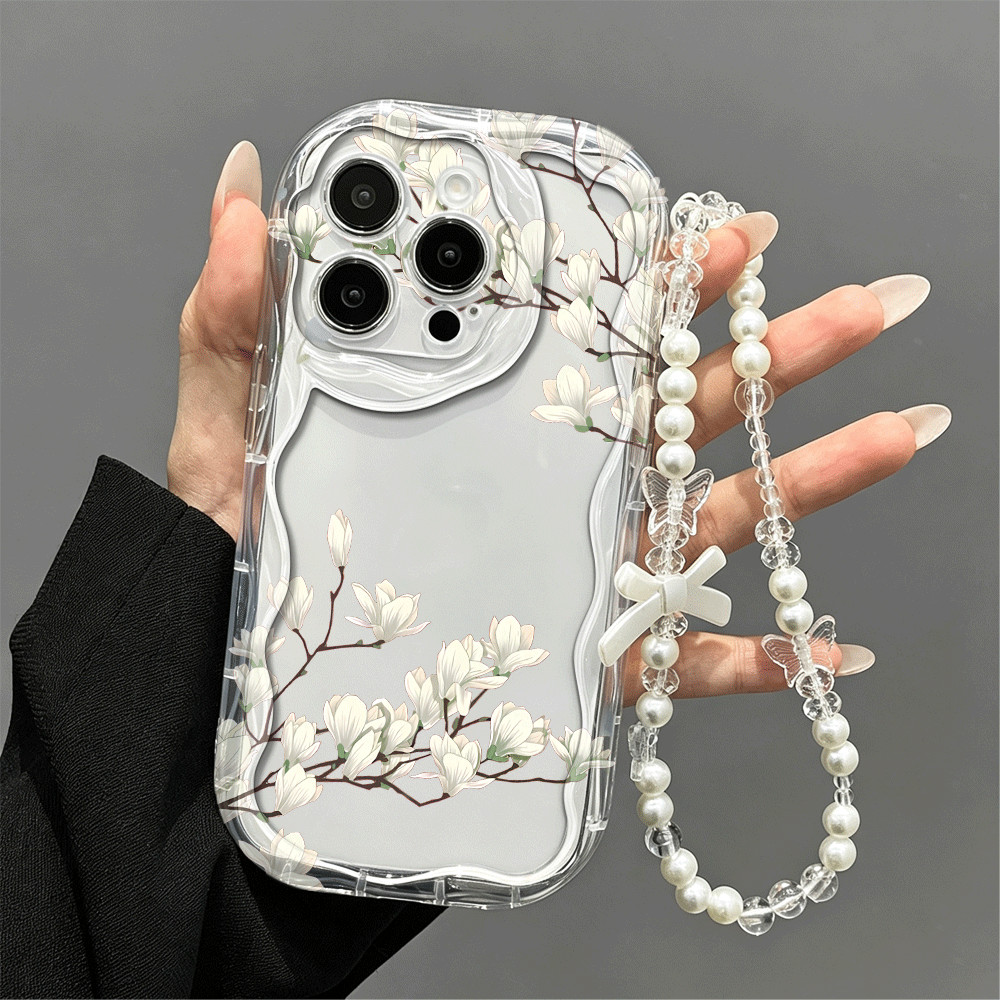 Kit Chain De Corrente Capinha Capa Magnólia Transparente Case Para IPhone 17 16 15 14 13 12 11 Plus Pro Max Air Normal