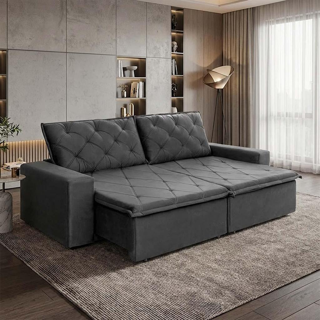 Sofá Cama Bangkok Sem Caixa 2,70m Retrátil e Reclinável Com Molas Velut Cinza- King House