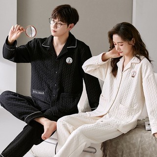 Casal pijamas feminino outono inverno manga comprida ar algodão masculino intercamada engrossado inverno quente acolchoa