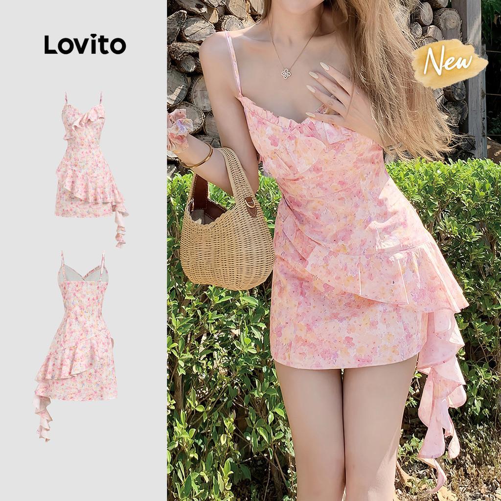 (New Arrival) Lovito Padrão de Vestido Boho com Babados No Estilo Resort Vestido