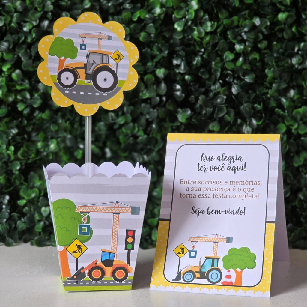 Centros de mesa + Plaquinhas Trator Construtor - PEGUE E MONTE - PRONTA ENTREGA Lembrancinhas decoração personalizados