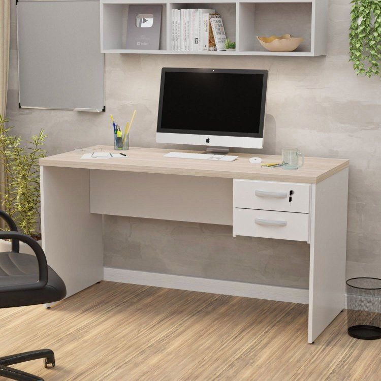 Mesa de Escritório Escrivaninha com Gaveta 140cm Carvalho e Branco Bege Carvalho/Branco