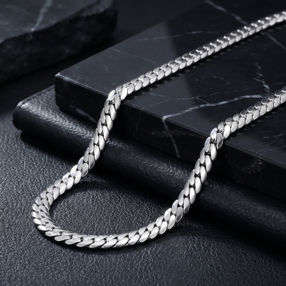 Cordão Cobra Achatado Masculino em Aço Inox Prata 7mm 60cm