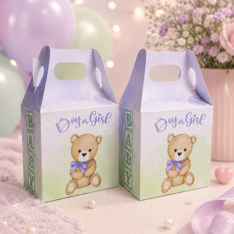Kit 10/20/30 Maletas Ursinho Lilás e Verde - Caixinhas Lembrancinha Chá Revelação Infantil (Pegue e Monte)
