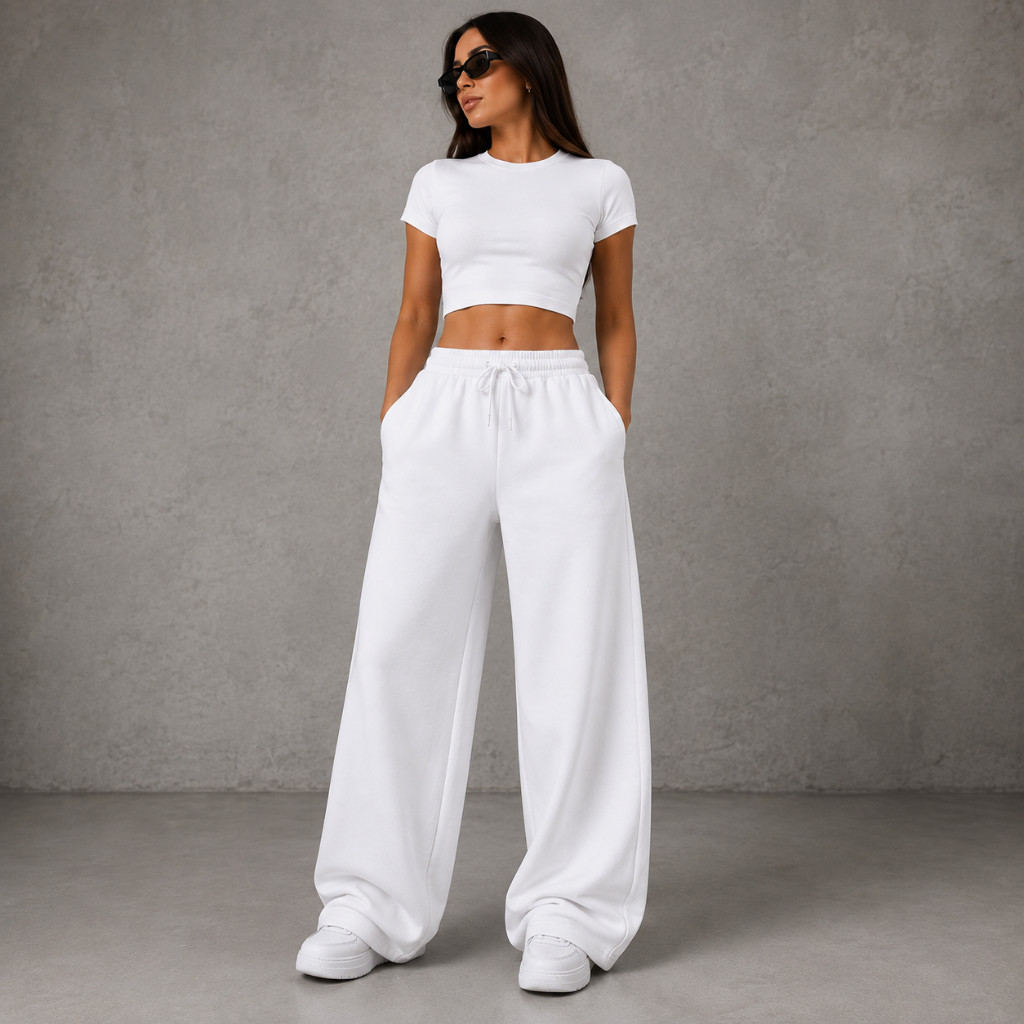 Conjunto Feminino Cropped Slim + Calça Wide Pantalona Moletinho Premium Casual Confortável