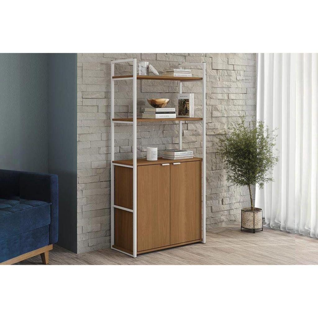 Estante Livreiro de Escritório Industrial Alta LI041 c/ 2 Portas 72x151cm Canela/Branco - Kappesberg