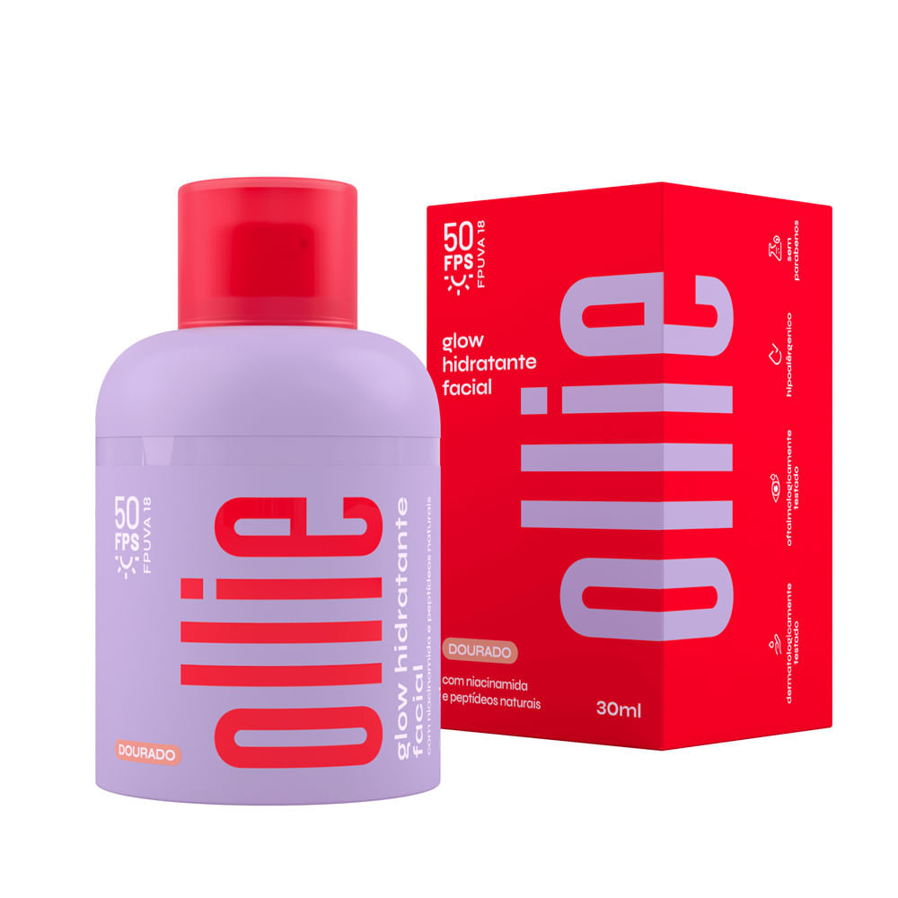 Glow Hidratante Facial Ollie FPS 50 Dourado 30ml