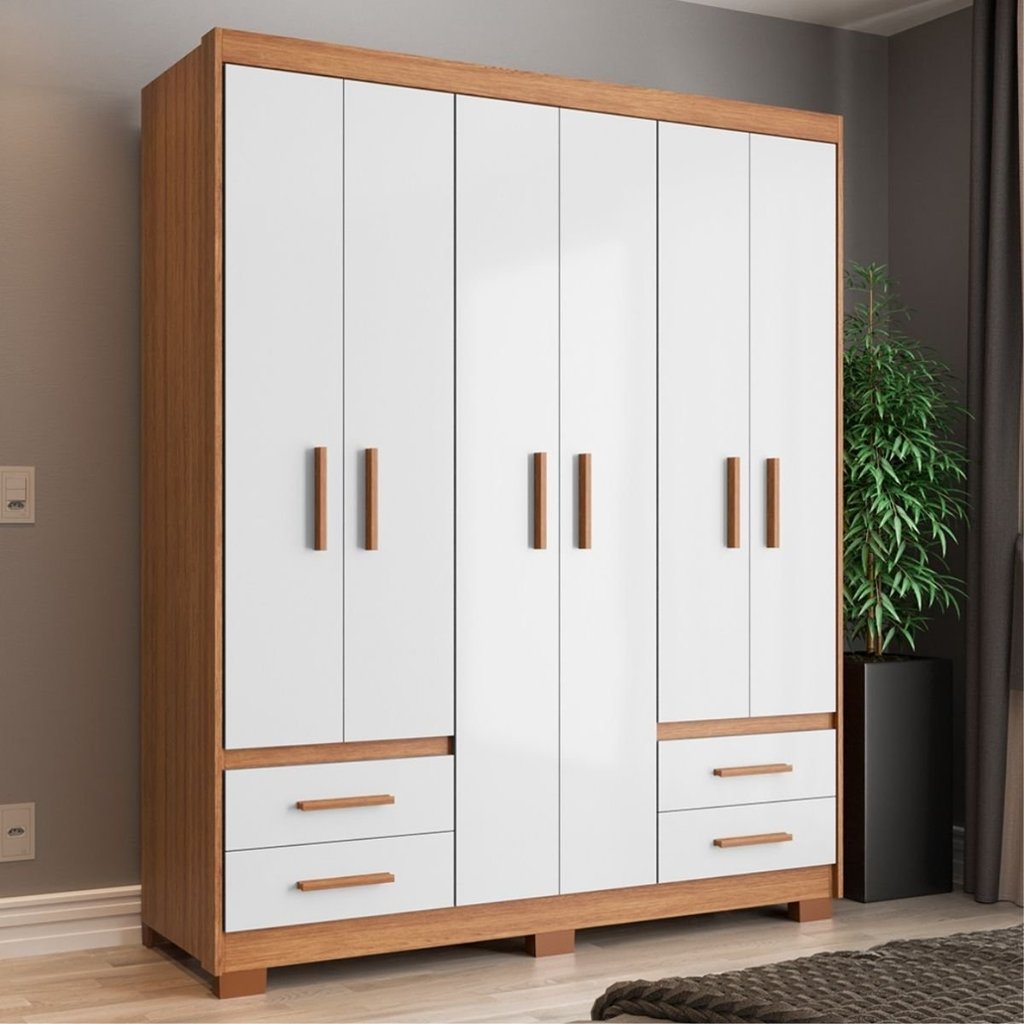 Guarda-Roupa Casal 6 Portas 4 Gavetas Primacy Branco/Freijó Wood/Off-White Freijó/Off White