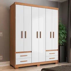 Guarda-Roupa Casal 6 Portas 4 Gavetas Primacy Branco/Freijó Wood/Off-White Freijó/Off White