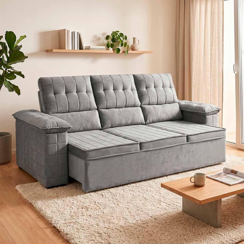 Sofá Retrátil Reclinável 4 lugares com molas 2,30m Quantum Suede Velut Cinza - King House