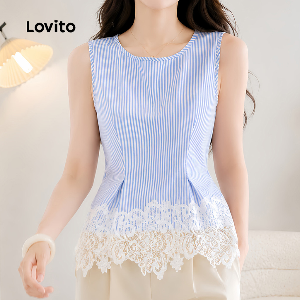 Lovito Top Casual com Listra Na Lateral e Babado Fenda Nas Costas Azul/branco Primavera/verão para Mulheres TKB202P2D184 — imagem 2 de 2