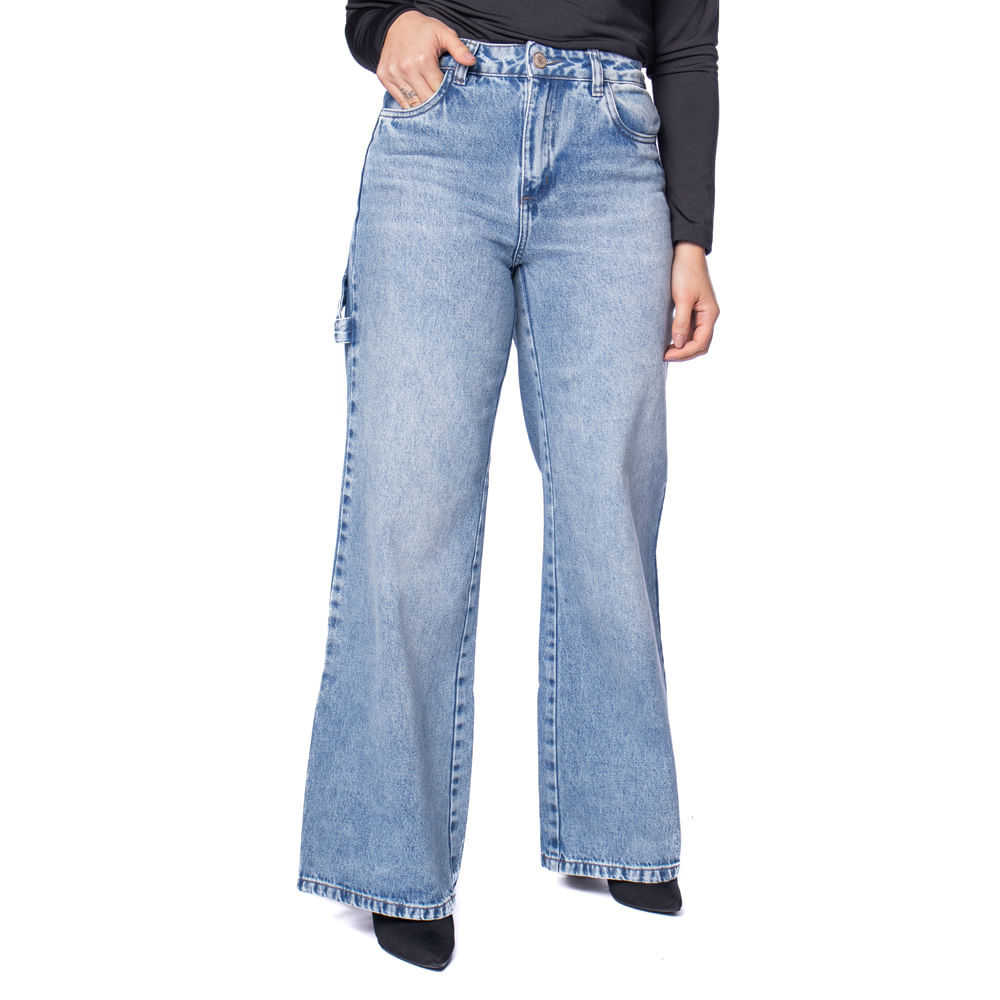 Calça Jeans Feminina Sawary Wide Leg Estonado Azul
